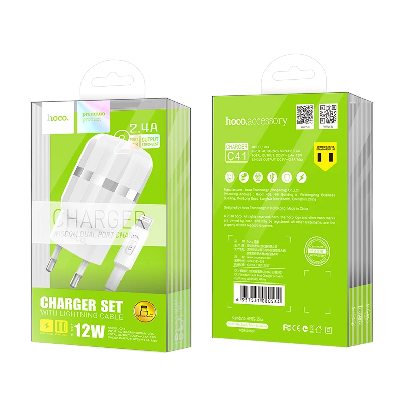 HOCO C41A 10 шт./лот 5 в 2.4A USB зарядное устройство для iPhone 11 Xs Max ЕС вилка настенное зарядное устройство адаптер для samsung Xiaomi huawei