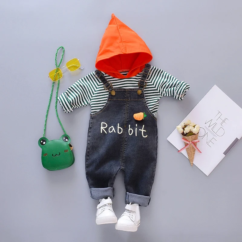 Черный Toddler Baby Boy Girl Long Sleeve Striped Hoodie Sweatshirt Strap Denim Trouser - Цвет: Черный