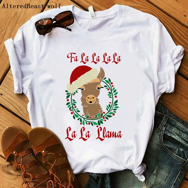 

Fa La La La Llama Christmas Llama T-Shirt harajuku Llama printed Women white clothes short sleeve Llama t shirt femme Tops 2019