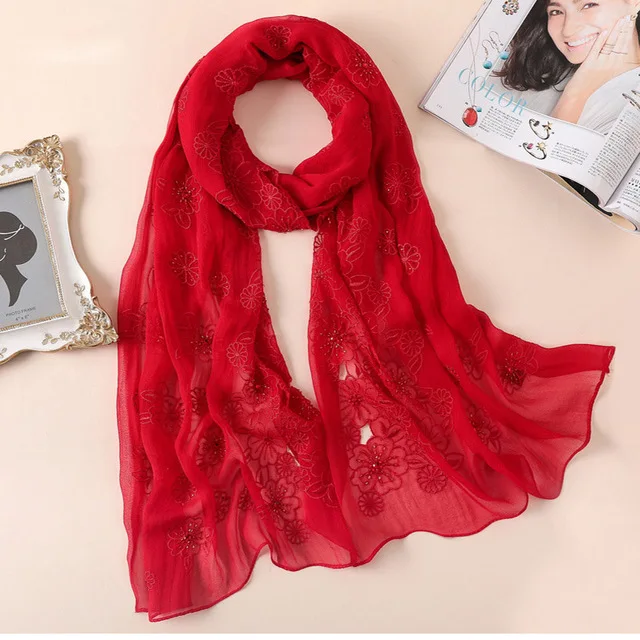 Red Wool Scarf Чистый Шелковый шарф женские шелковые шарфы женский шарф хиджаб модная вышивка настоящий Мягкий пашмины шали бандана - Цвет: Red Wool Scarf