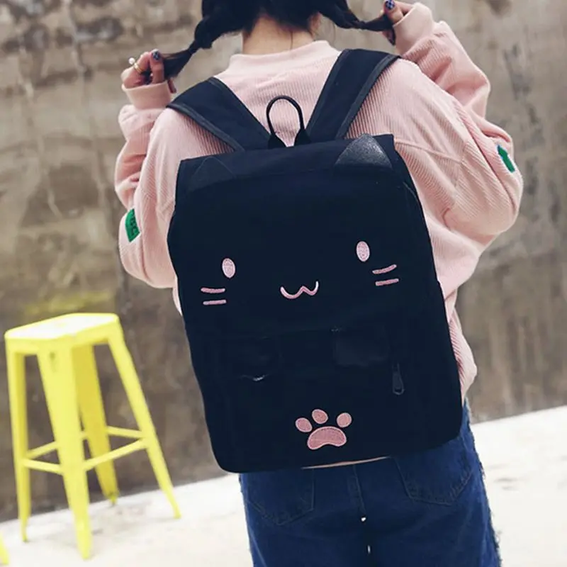 Black and pink BEAU-fashion Cute Cat Embroidery Canvas Student bag Cartoons Women Backpack Leisure School bag - Color: Black and pink