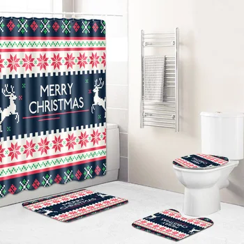 

Christmas Shower Curtain Mat Combination Four-Piece Set Bathroom Toilet Carpet Shower Room Mat Mat Cross-Border Hair