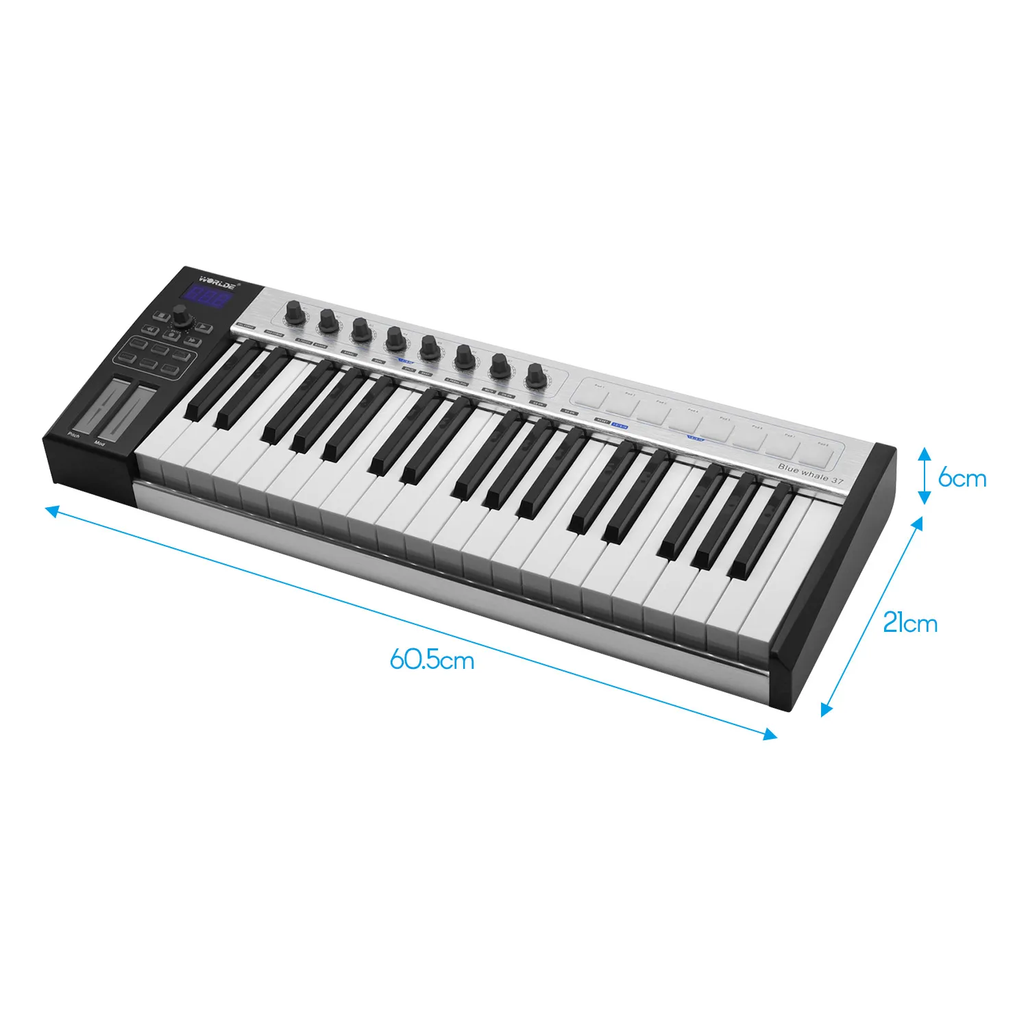 WORLDE синий кит 37 USB MIDI контроллер клавиатура 37 полувзвешенные клавиши 8 RGB с подсветкой триггерные подушки светодиодный дисплей с usb-кабелем