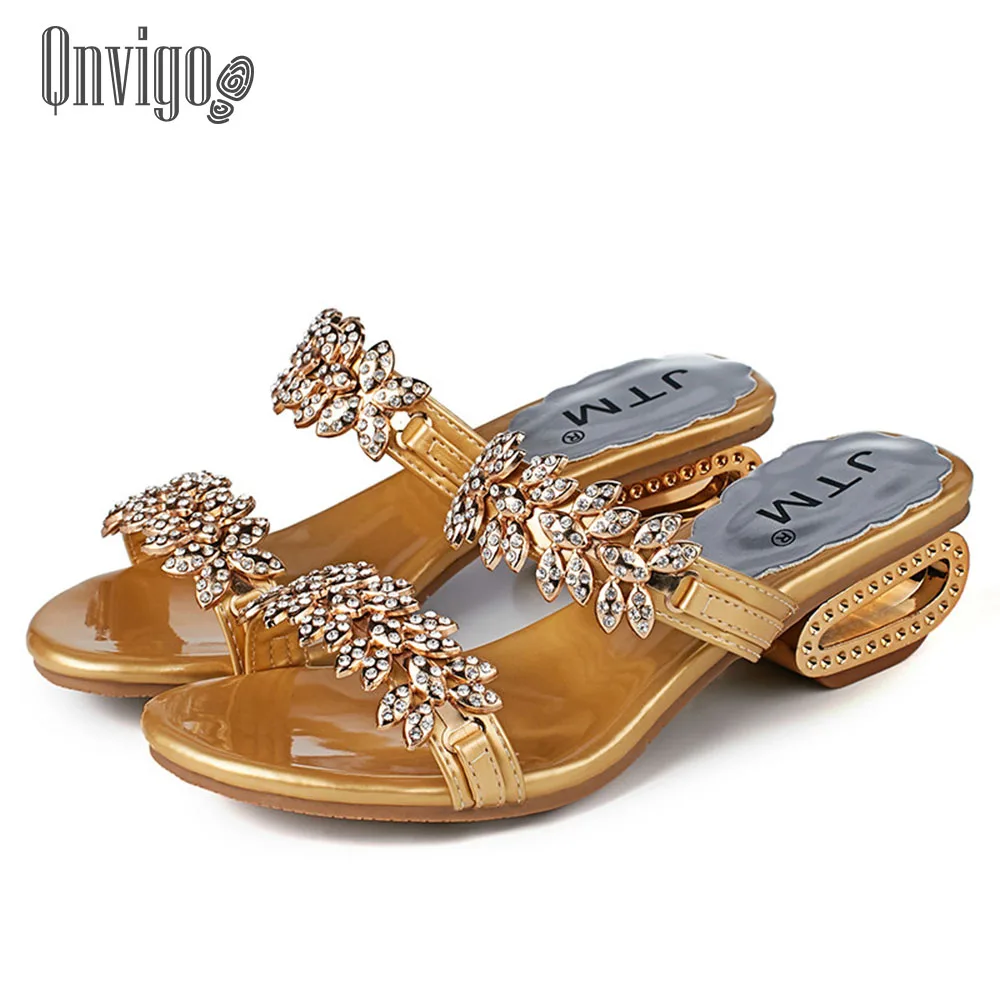 Qnvigo ladies Shoes With Heels Size 39 Female Heel Pumps Low Flower Rhinestones Shiny Slippers Gold Women Sandal 2020 | Обувь