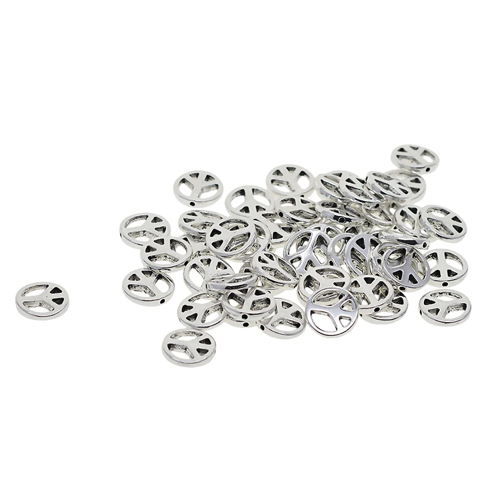 50pcs Tibetan silver color Round Flat Spacer Beads Peace Symbol Charm Beads Necklace Bracelet Beads 1.2mm Hole DIY Jewelry Accessories