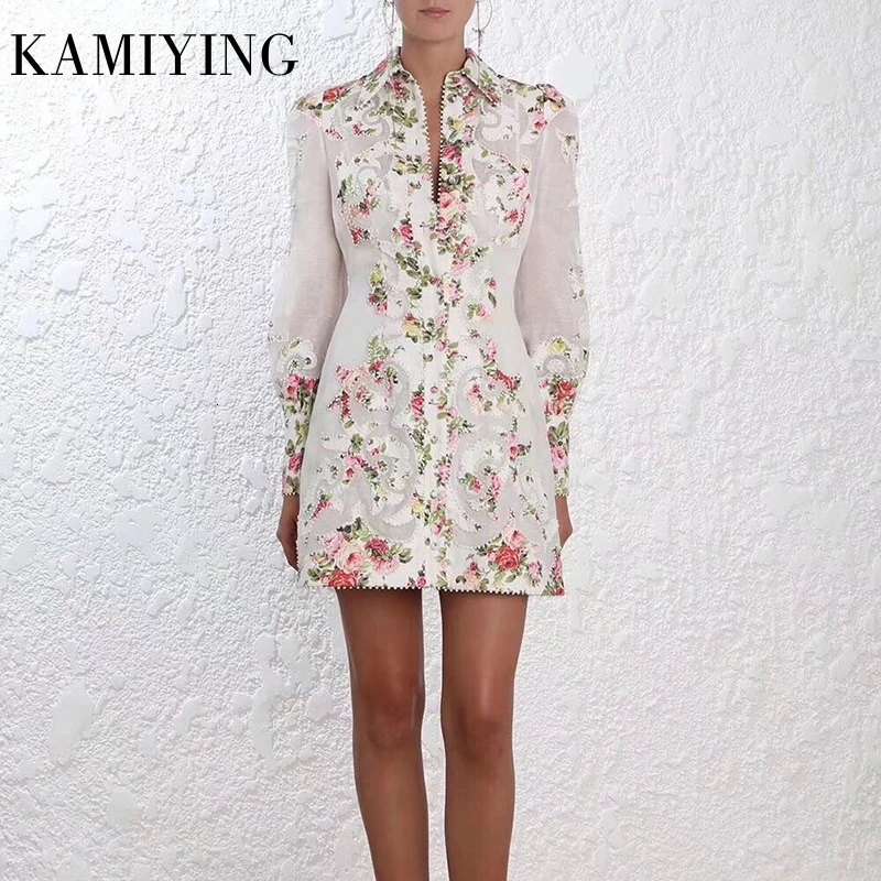 KAMIYING, Цветочная вышивка, платье для женщин, воротник с лацканами, рукав-фонарик, высокая талия, а-силуэт, мини, винтажные платья, женская мода, Новинка