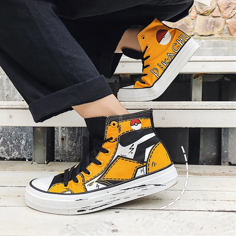 

Four Seasons Paragraph Graffiti Pikachu Hight-top Canvas Shoes Men's Breathable Students Vulcanized Shoes Street Trendy Shoes