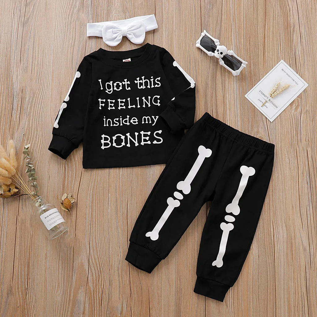 

2019 New Style Halloween Children Set Toddler Kids Baby Boys Girls Bone T shirt+ Pants Headband Outfits Costume Set roupa menina
