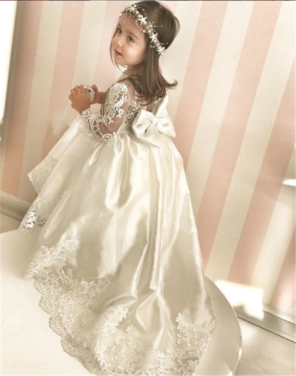 Белое Кружевное атласное платье с цветочным узором для девочек на свадьбу; платье с длинными рукавами для девочек на день рождения; платье для первого причастия