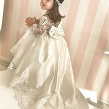 Белое Кружевное атласное платье с цветочным узором для девочек на свадьбу; платье с длинными рукавами для девочек на день рождения; платье для первого причастия