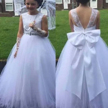 

Wedding Flower Girls Dresses O-Neck A-Line Lace Applique Sleeveless Party Dress For Girls First Communion Dresses with Big Bow