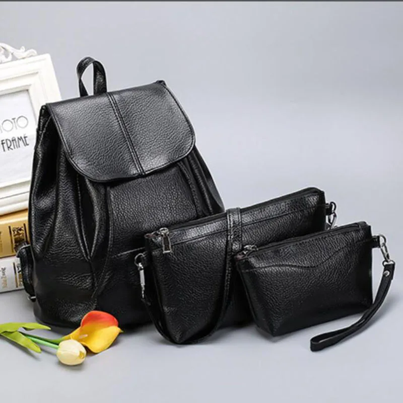 

3 pcs/set korean style woman leather backpack travel big capacity mochila feminina black girls back pack shoulder bag purses