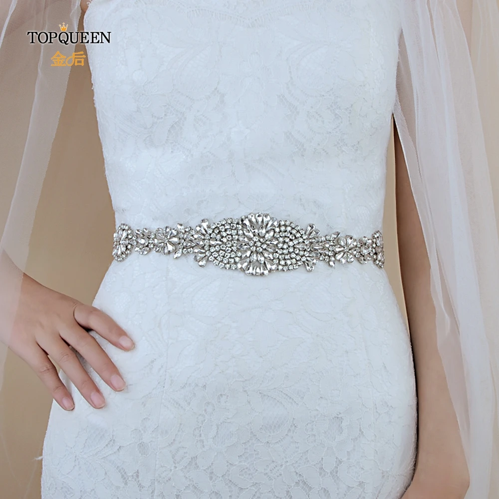 TOPQUEEN S123 пояс с серебряными бриллиантами, стразы, пояс для свадьбы, пояс для невесты, атласная лента, пояс для женщин, шикарный пояс