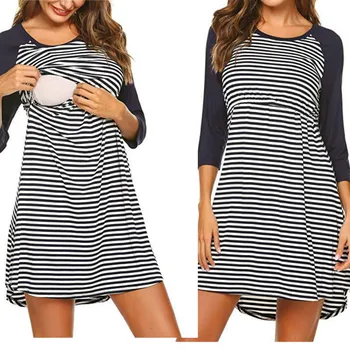 

bunvel Breastfeeding Clothes Patchwork Striped Printed Pregnant Mother Nursing Clothes Long Sleeve Fashion Maternity Dresses