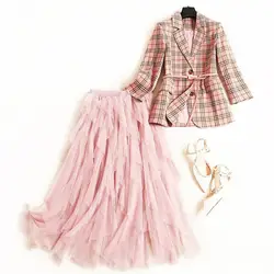 Новинка 2019, осенняя мода, женский розовый клетчатый Блейзер, ремень, блейзеры, костюмы с оборками, длинные сетчатые юбки, комплект из двух