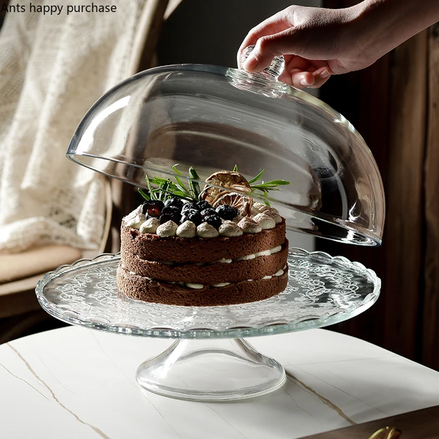 Transparent Glass Cake Pan Tall Feet Cake Stand Glass Cover Bread Pan  Dessert Plate Decorative Display