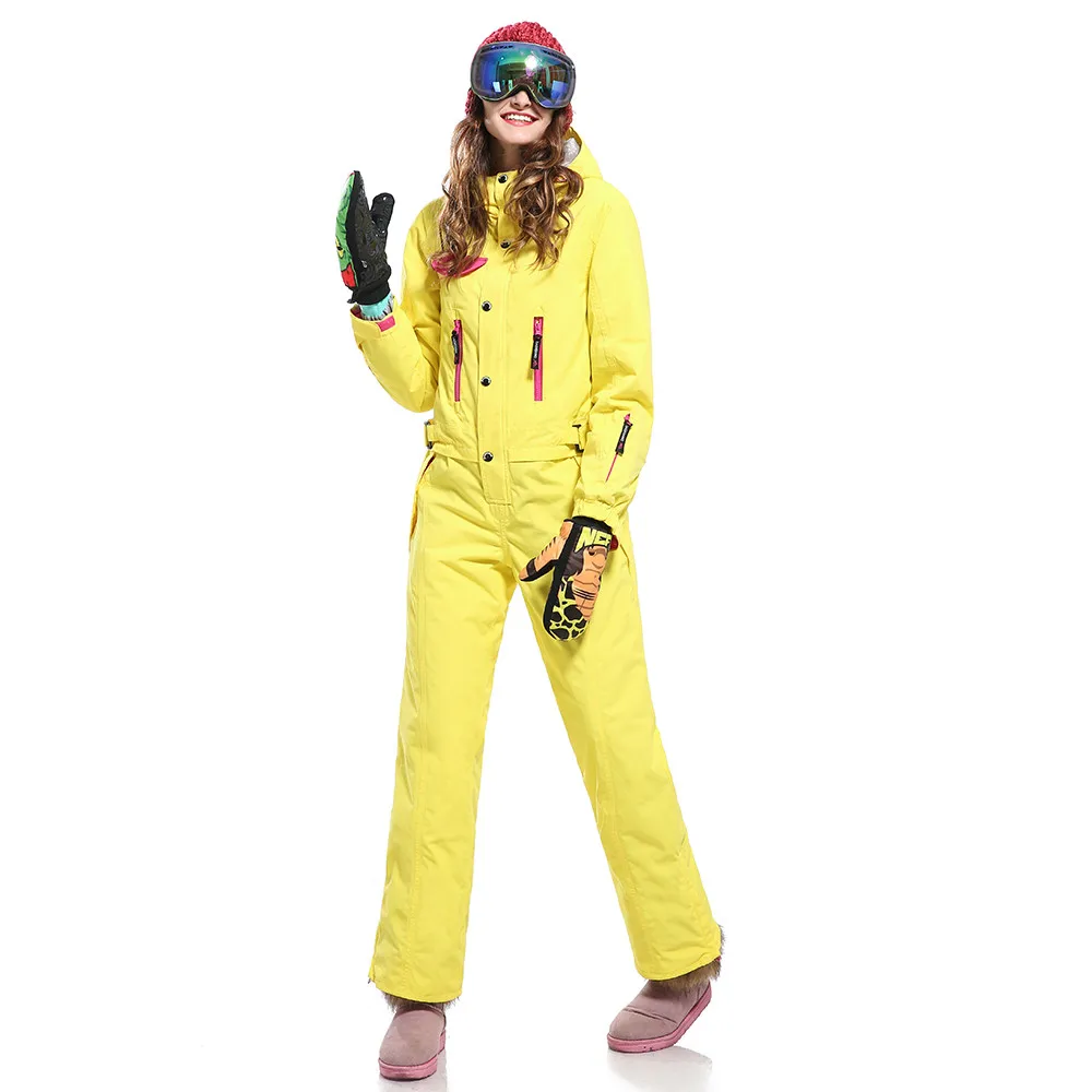 Цельный лыжный костюм для женщин, пуховые комбинезоны для горных лыж, Jumsuit, теплая зимняя лыжная куртка, брюки, дышащий зимний комплект - Цвет: Цвет: желтый