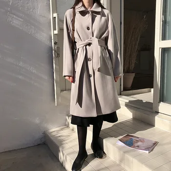 

Winter new women's Wool Blends coat chic Korean single breasted tie thin solid color long regular sleeve woolen coat Polyester