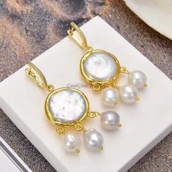 

GG Jewelry Natural Pearl Cultured White Coin freshwater Pearl Keshi Pearl Dangle CZ Zircon Hook Earrings trendy for women
