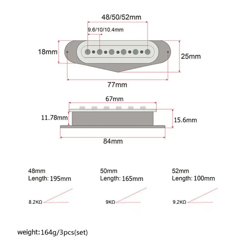 

3pcs Single Coil Sound Pickup for 6 Strings Guitar 45/50/52mm 24BD