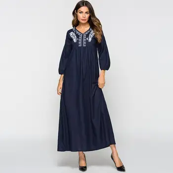 

Embroidered Floral Winter Maxi Dress Long Sleeve V Neck Retro Robe Femme Clothes Splicing Muslim A-line Long Dress Women Clothes