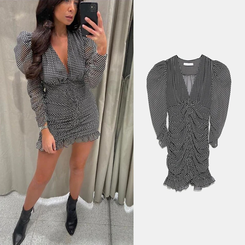 

ZA Dress Print Plaid Women Lotus Leaf V Neck 2020 New Fashion Casual Long Sleeve Slim Short Dot Streetwear Party Club Clothes