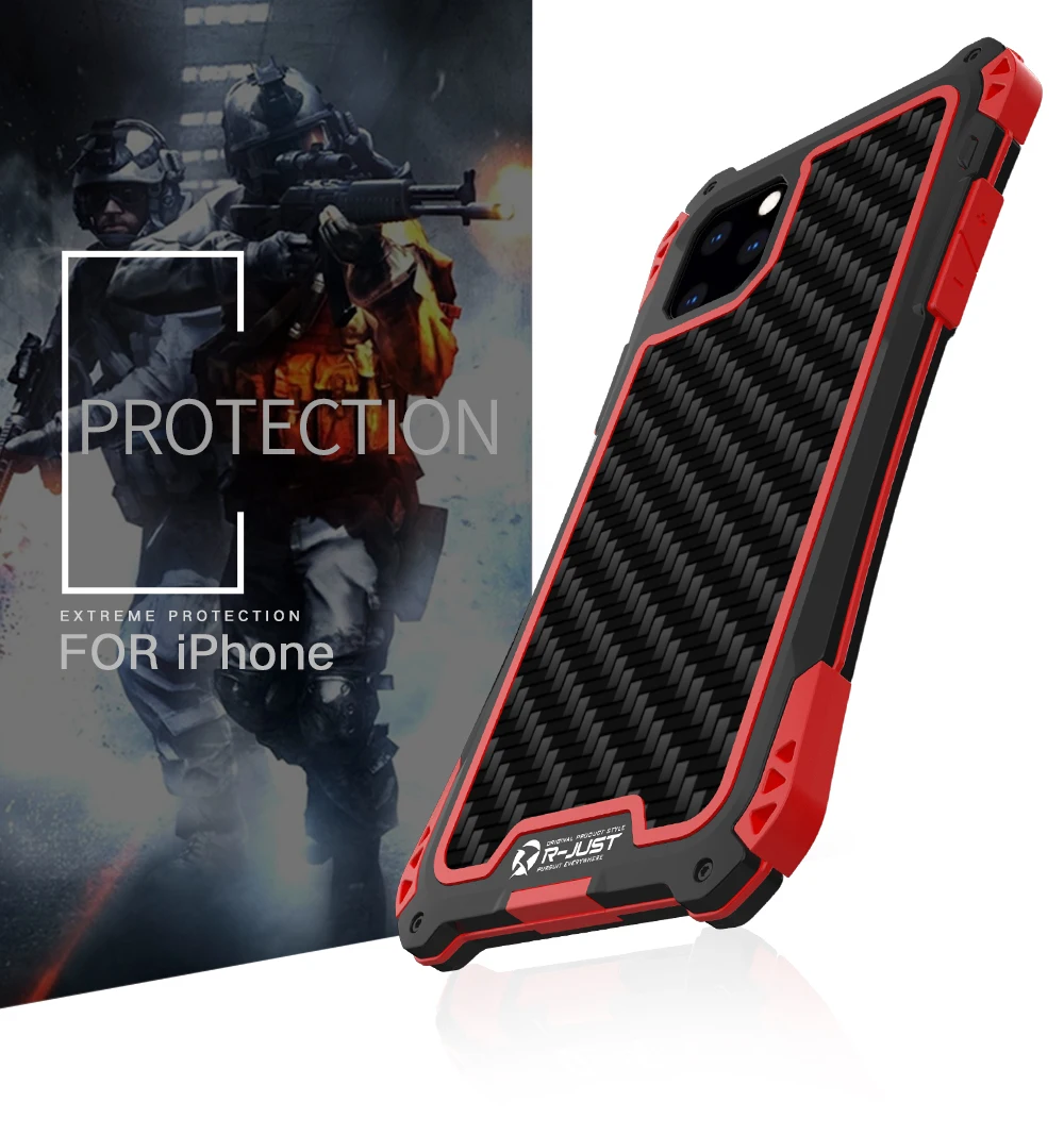 Противоударный чехол R-just для Apple iPhone 11/Pro/Max, Жесткий Наружный защитный элемент из углеродного волокна, силиконовый и металлический чехол