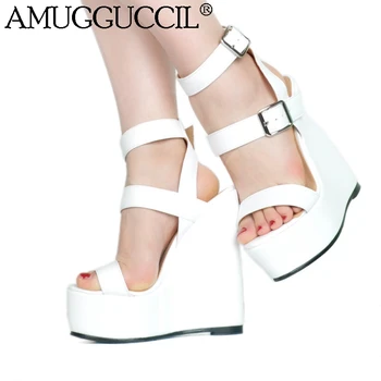 

2020 New Plus Big Size 35-48 White Buckle Fashion Sexy High Heel Platform Party Female Ladies Summer Wedge Women Sandals L1224