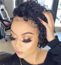 Pelucas de encaje frontal de corte pixie Bob, 150, 180, 250%, rizado, cabello humano con cierre de encaje Remy prearrancado