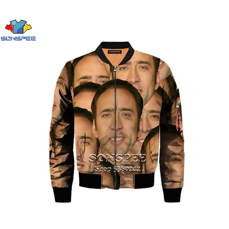 Мужская и женская SONSPEE пальто с 3D принтом Nicolas Cage Face, зимняя популярная куртка-бомбер, повседневные топы с длинным рукавом и v-образным вырезом в стиле Харадзюку