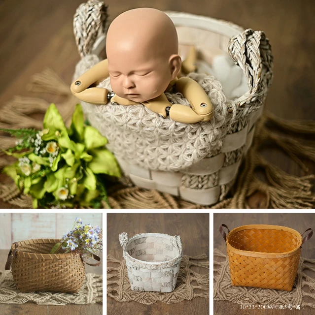 Newborn Baby Weaving Basket Photography Prop Infant Shoot Container Photo Studio Creative Photography Accessory Pastoral Style