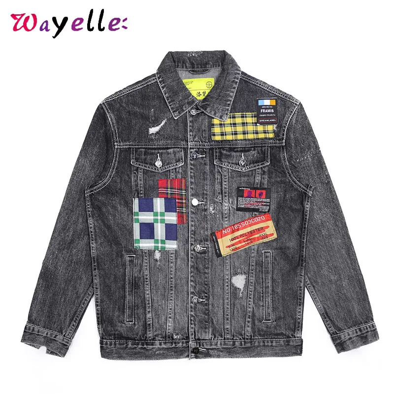 

Jean Jacket Men Dark Grey Patchwork Retro Men Jacket 2019 Punk Style Casual Mens Jackets and Coats Chic Hip Hop Jacket for Men