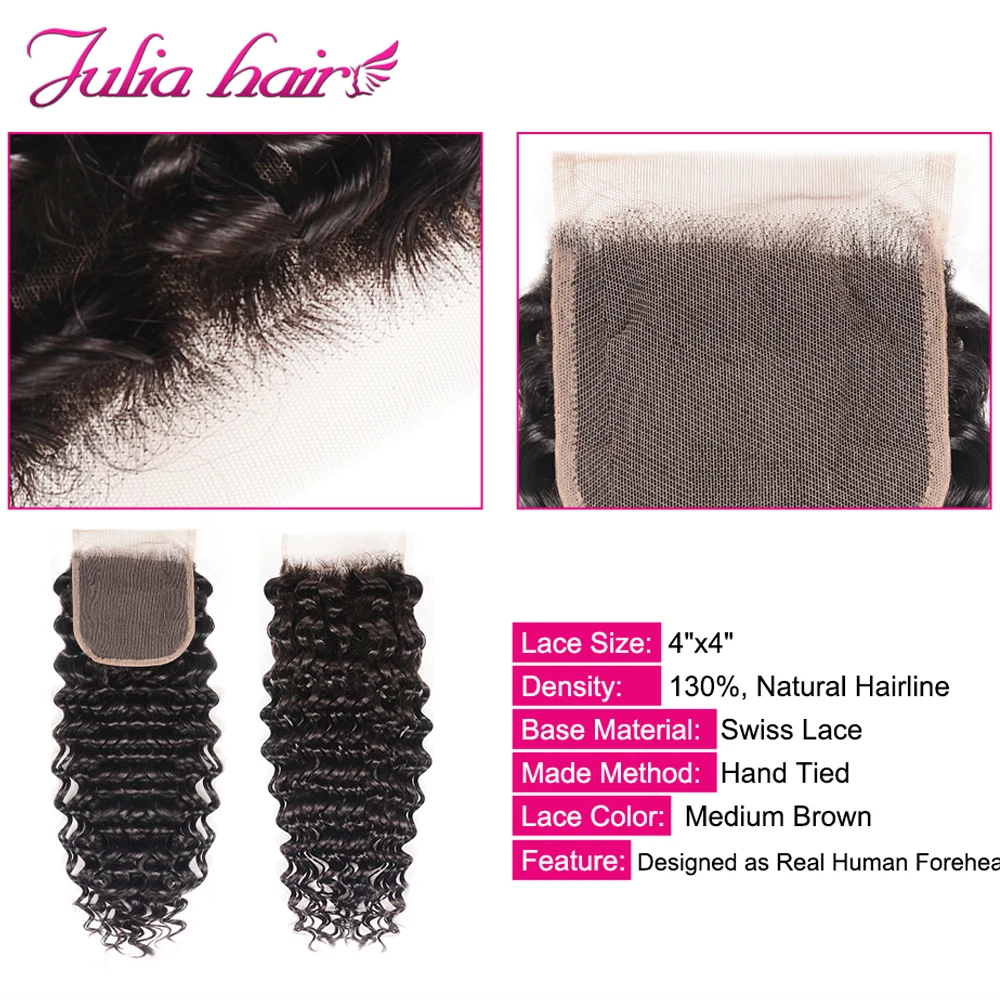 Ali Julia Hair Brazilian Deep Wave Closure Free Part 4X4 100% Human Hair Remy Lace Closure Pre Plucked 150% Density (3)