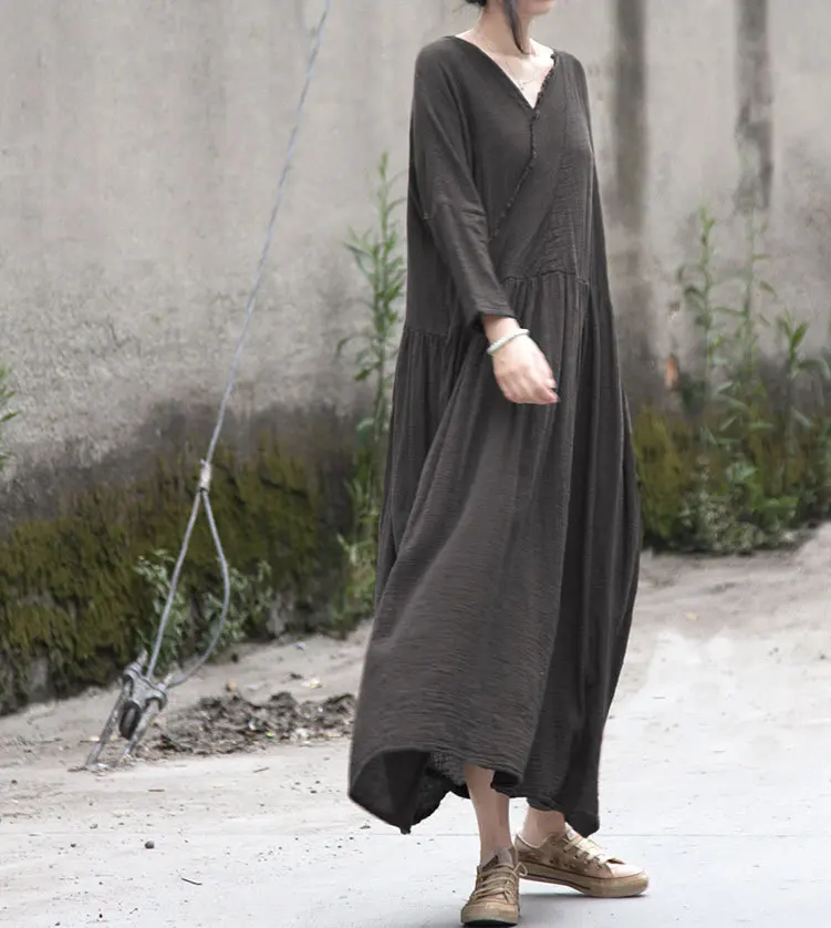 dark grey WQR1553 XITAO винтажное длинное платье больших размеров Плиссированное модное корейское платье с v-образным вырезом и рукавами «летучая мышь» Женская одежда осень WQR1553 - Цвет: dark grey WQR1553