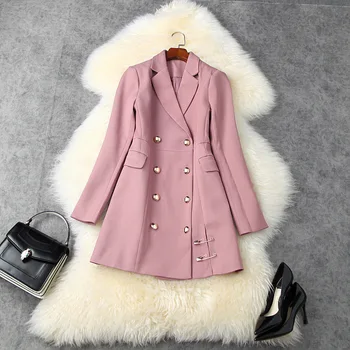 

New 2020 autumn winter women black blazer double breasted office lady OL slit punk pin sexy long blazers outerwear pink