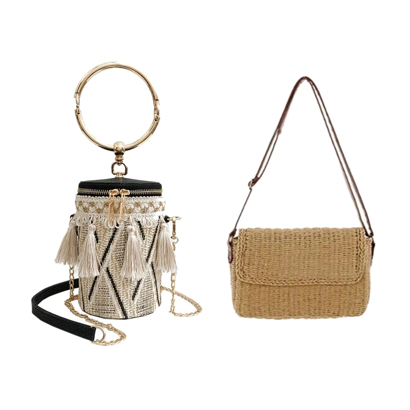 

2 Pcs Bag : 1 Pcs Summer Straw Bag Hand Ring Tassel Chain Shoulder Travel Bag & 1 Pcs Shoulder Bag Hand Made Exquisiteness Straw