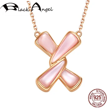 

Authentic 925 Sterling Silver Rose Gold Handmade Flash Pink Enamel Bowknot Pendant Cross Chain Necklace For Women Fine Jewelry