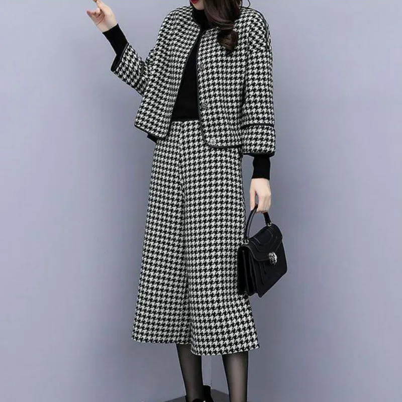Woman Two Piece Sets Woolen Jacket + Wide Leg Pants Houndstooth Trousers Outfit |