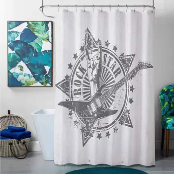 

Shower Curtains Guitar,Stars with Rock Sign Monochrome Musical Instrument Design Rockstar Life Singing, Pale Grey White,W72 x