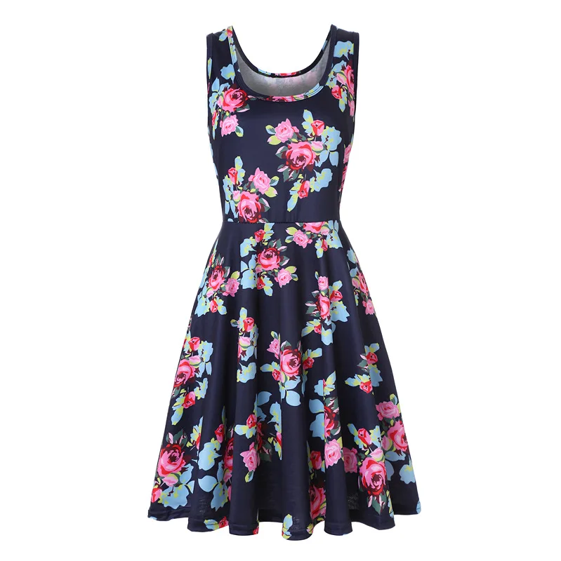 Plus Size Women Sleeveless O-Neck Print Dress Casual Sweet Vintage Floral A-Line Party Dress Summer Beach Dress Vestidos