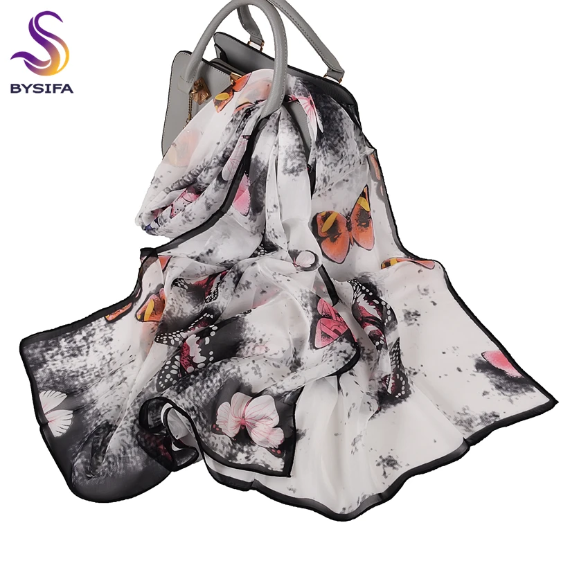

[BYSIFA] New Grey Pink Silk Scarf Shawl Fashion Elegant Butterfly Women Chiffon Long Scarves Printed 100% Pure Silk Neck Scarf