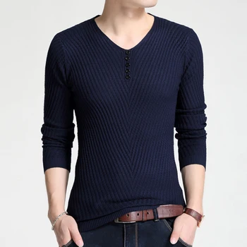 

Mens Sweaters Button Navy Cotton Sweater Men Pure Color Knitwear Pull Homme Classic Casual V-Neck Pullover Men Blouse SW18