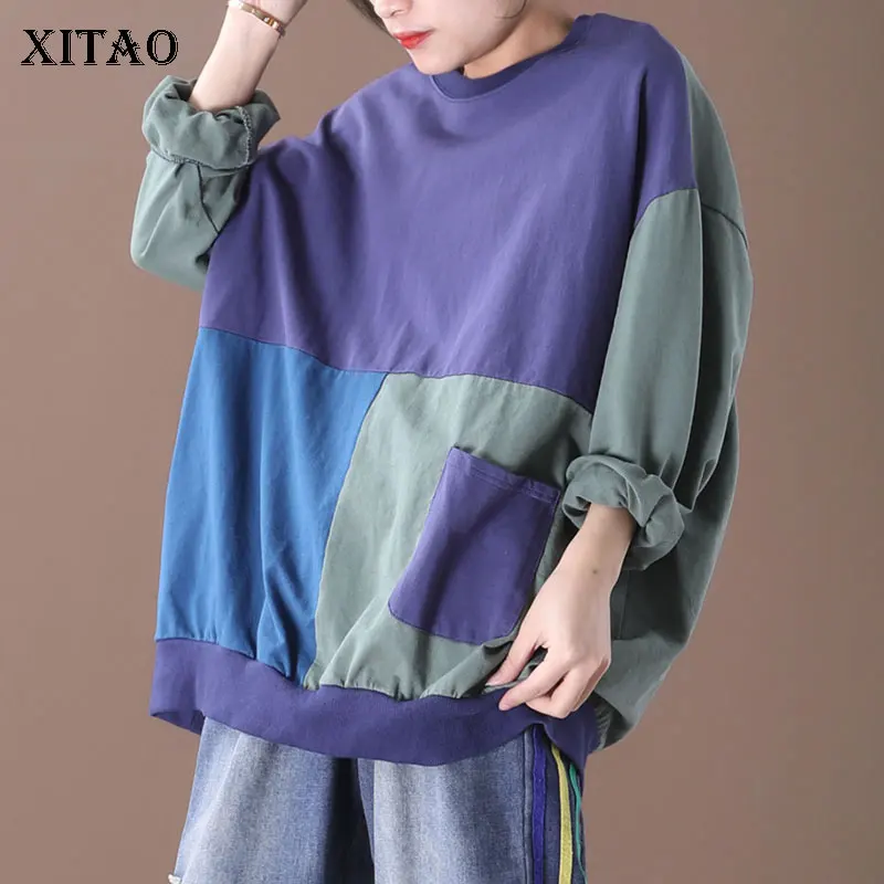 

XITAO Literary Plus Size Contrast Stitching Sweatshirt Korean Style Fashion Wild Loose 2020 New Spring Women Clothes DMY3021