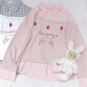

Sweet Patchwork Plaid Sweatshirt Women Harajuku Strawberry Embroidery Fake Two Pieces Hoodies Fashion Casual Sweatshirts hooded
