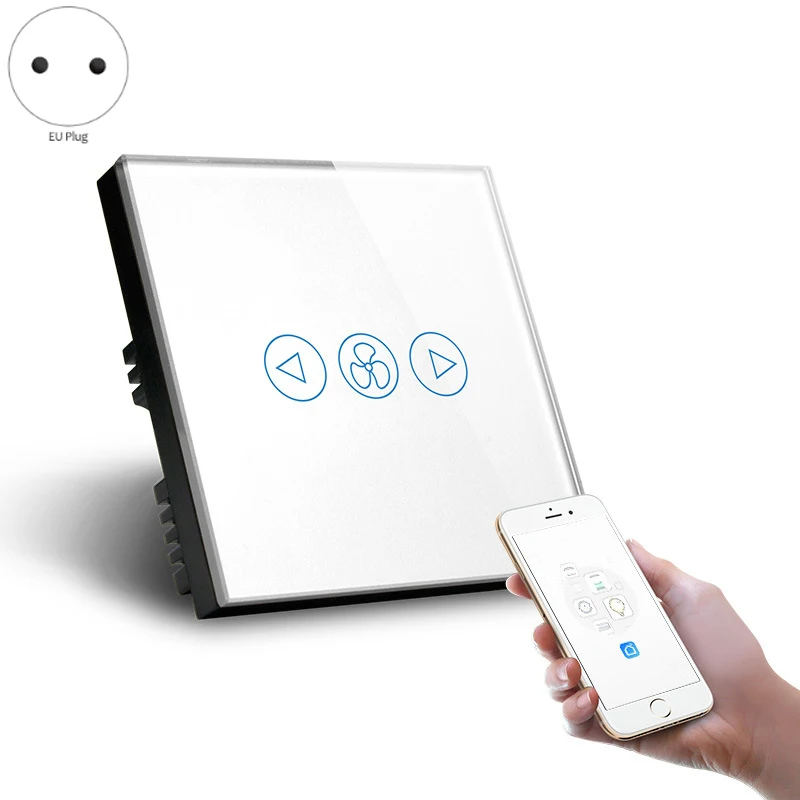 Wifi переключатель вентилятора, стандарт ЕС wifi переключатель 600 Вт, AC220-40V-белая панель из закаленного стекла, работает с Alexa, Google Assistant(EU Plug