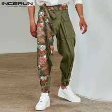 

INCERUN American Style New Men's Trousers Loose Comeforable Casual Solid Color Pantalons Stitching Printed Wide-leg Pants S-5X