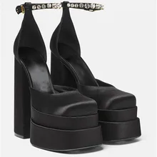 Termainoov-zapatos de tacón alto grueso para mujer, calzado Sexy con plataforma, para vestir, fiesta, boda, hebilla de diamantes de imitación, talla 43
