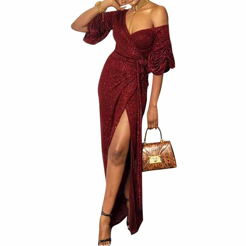 Женское платье для вечеринки, vestidos, сексуальное, v-образный вырез, с пышными рукавами, облегающее, с высоким разрезом, блестящее платье, для девушек, для ночного клуба, шикарное платье, SJ5203M