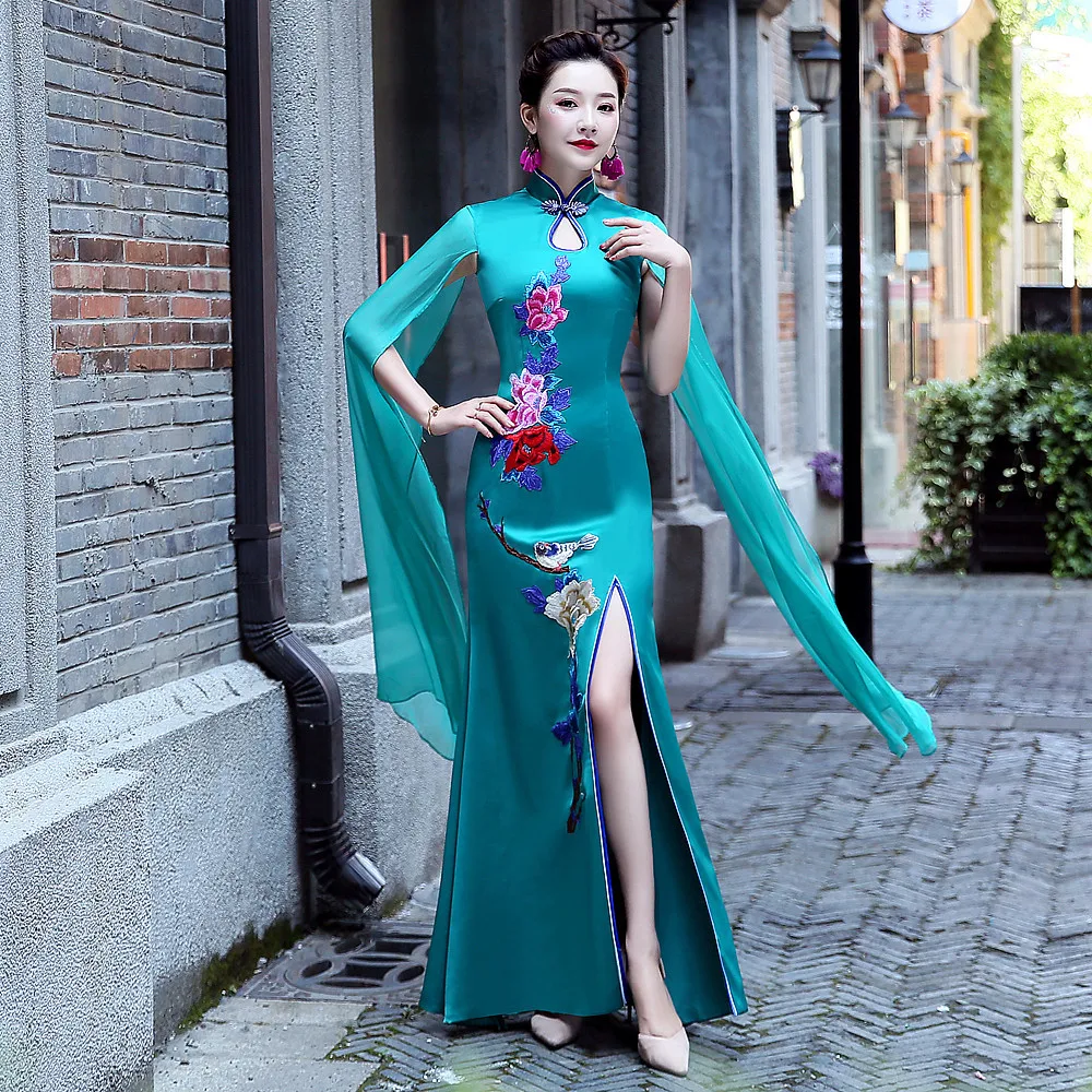 Новинка плащ рукава Улучшенный Женский Cheongsam винтажный сценический костюм китайское платье тонкое традиционное платье с цветочным принтом Qipao Vestidos