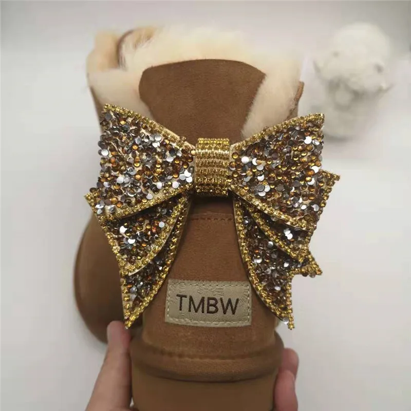 chestnut Blinging/; красивые женские зимние ботинки из натуральной овечьей кожи с бантом; женские ботинки на натуральном меху; теплые зимние ботинки с шерстью - Цвет: chestnut